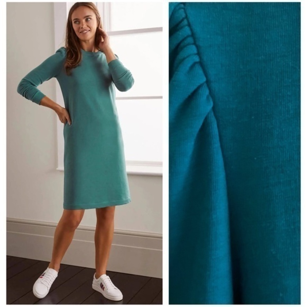 Boden Teal Blue Green Puff Sleeve Sweatshirt Dress 6